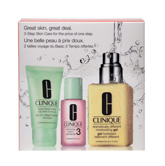 Clinique 3-Step Skin Care hydratační gel Dramatically Different 30 ml + čisticí mýdlo Liquid Facial 50 ml + čisticí voda Clarifying Lotion 3 30 ml