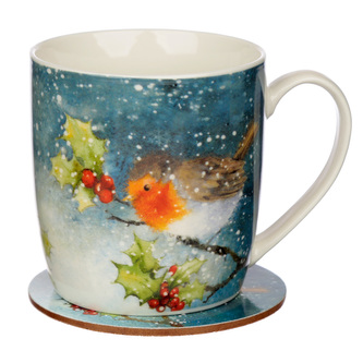 Set porcelánový hrnek & podtácek Vánoční ptáček, design Jan Pashley