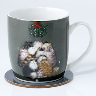 Vánoční sada porcelánový hrnek a podtácek 12 koček - design Kim Haskins