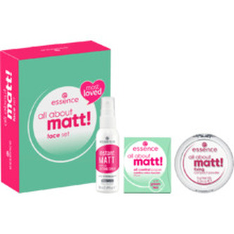 Essence All About Matt! fixační kompaktní pudr All About Matt! Fixing Compact Powder 8 g + fixační sprej na make-up Instant Matt Make-Up Setting Spray 50 ml + matující papírky All About Matt! Oil Control Paper 50 ks