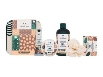 The Body Shop Shea sprchový krém Shower Cream Shea 250 ml + tělové máslo Body Butter Shea 50 ml + balzám na ruce Hand Balm Shea 30 ml + tuhé mýdlo Face & Body Bar Shea 100 g + mycí houba 1 ks + kosmetická taštička