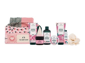 The Body Shop British Rose sprchový gel British Rose 250 ml + tělový peeling British Rose 200 ml+ tělové mléko British Rose 200 ml + pleťová maska British Rose 75 ml + tělové máslo British Rose 50 ml + krém na ruce British Rose 30 ml + žínka + kosmetický