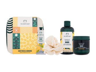 The Body Shop Mango sprchový gel Mango Shower Gel 250 ml + tělové máslo Mango Body Butter 200 ml + balzám na ruce Mango Hand Balm 30 ml + žínka + kosmetická taštička