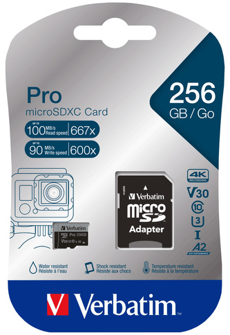 VERBATIM Pro microSDXC 256GB UHS-I V30 U3 + SD adaptér