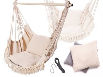 Brazilské závěsné houpací křeslo béžové s třásněmi, kovovou tyčí a polštáři