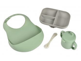 Jídelní sada silikonová 4-dílná s bryndákem Grey / Sage Green