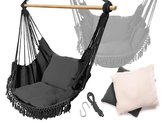 Brazilské závěsné  houpací křeslo černé s třásněmi, dřevěnou tyčí a polštáři