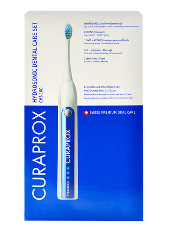 Curaprox CHS 100 Hydrosonic sonický kartáček 1 ks + čistící hlavice 2 ks + mezizubní kartáček 3 ks + zubní pasta 15 ml + nabíječka 1ks + cestovní pouzdro 1 ks