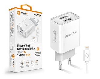 Aligator síťová nabíječka, 2x USB, smart IC, 2,4 A, kabel Lightning 2A, bílá