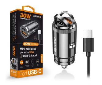 ALIGATOR chytrá mini nabíječka do auta Power Delivery 30W, USB-C + USB-A, kabel USB-C/USB-C, černá