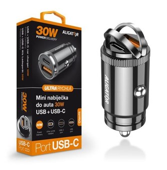 ALIGATOR chytrá mini nabíječka do auta Power Delivery 30W, USB-C + USB-A, černá