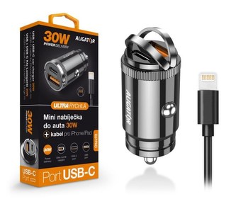 ALIGATOR chytrá mini nabíječka do auta Power Delivery 30W, USB-C + USB-A, kabel USB-C/Lightning, černá