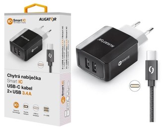 ALIGATOR chytrá síťová nabíječka 3.4 A, 2x USB, smart IC, kabel USB-C 2A, černá