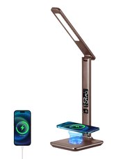 LED stolní lampička Immax KINGFISHER Qi hnědá s bezdrátovým nabíjením Qi a USB