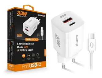 ALIGATOR chytrá síťová nabíječka GaN, PD 33W, USB-A + USB-C, kabel USB-C/USB-C, bílá