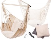 Brazilské závěsné houpací křeslo s dřevěnou tyčí a polštáři, béžová