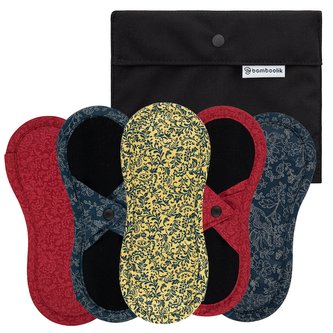 Bamboolik Výhodné sady | Slipové vložky látkové | satén & biobavlna Barva: 5 ks: 2x tmavě modrá, 2x červená, 1x žlutá + Pytlík mini Černý, Varianta: Sada 5 ks - Na patentek + Pytlík mini černý