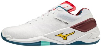 Mizuno WAVE STEALTH NEO / White/High Visibility/Moroccan Blue Velikost boty: 47.0/12.0