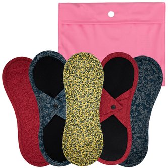 Bamboolik Výhodné sady | Denní vložky látkové | satén & biobavlna Barva: 5 ks: 2x tmavě modrá, 2x červená, 1x žlutá + Pytlík XS Růžový, Varianta: Sada 5 ks - Na patentek + Pytlík XS Růžový