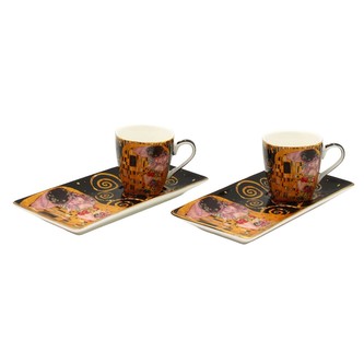 HOME ELEMENTS Espresso set, sada 4 ks - 2 šálky 75ml,podtácky 15,24cm, Klimt Polibek černý