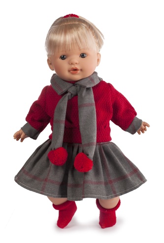 TYBER Anna blondýna v červeném plačící panenka s dudlíkem, vel. 38 cm