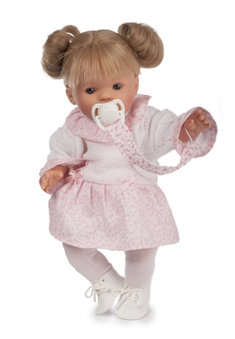TYBER Anna blondýna v růžovobílém plačící panenka s dudlíkem, vel. 38 cm