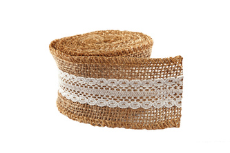 Jutová stuha s krajkou 5cm x 3m -JL007 NATURAL/BÍLÁ