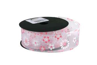 Stuha s potiskem květu 4cm světle růžová