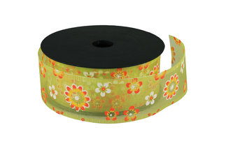 Stuha s potiskem květu 4cm zelená
