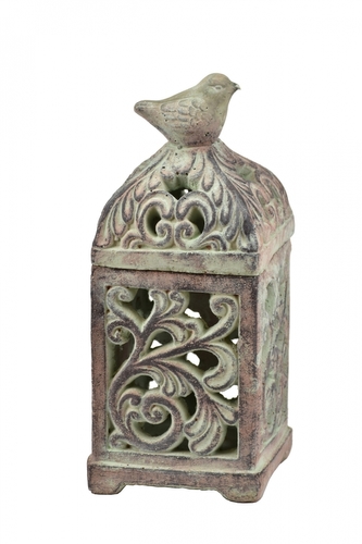 Cementová lucerna s ptáčkem zelená s šedou patinou 30x12,5x12,5 cm