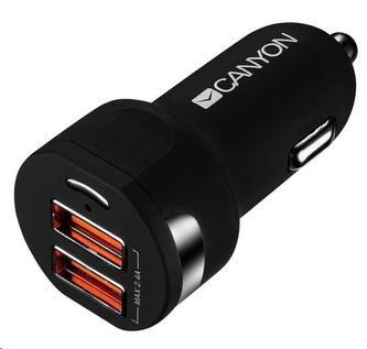 CANYON Univerzální 2xUSB auto nabíječka, Input 12V-24V, Output 5V-2.4A, Smart IC, černá