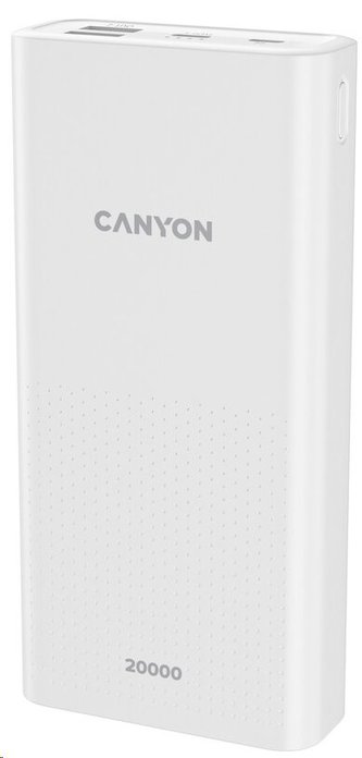 CANYON powerbanka PB-2001, 20000mAh Li-poly, Input 5V/2A microUSB + USB C, Output 5V/2.1A USB-A, bílá