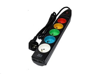 IN Přepěťová ochrana s barevnými zásuvkami, 1.5m, černá