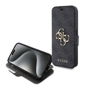 Guess PU 4G Metal Logo Book pouzdro iPhone 15 Pro šedé