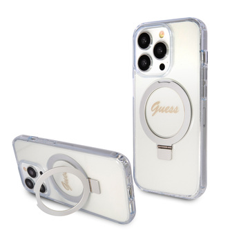 Guess IML Ring Stand Glitter MagSafe Zadní Kryt pro iPhone 15 Pro Transparent