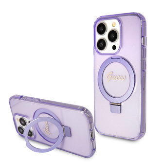 Guess IML Ring Stand Glitter MagSafe kryt iPhone 15 Pro fialový