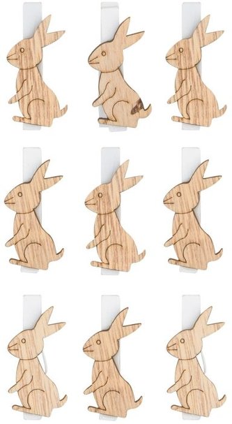 dekorace ZAJÍC na kolíčku, 4,5cm, dřevo, 9ks