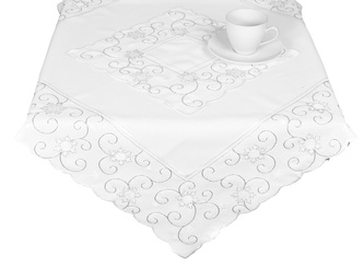Ubrus Vánoční, Stříbrný ornament a vločky, bílý 140 x 180 cm