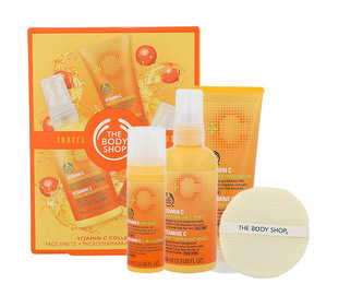 The Body Shop Vitamin C pleťová voda Energising Face Spritz 100 ml + pleťový peeling Microdermabrasion 75 ml + pleťová péče Skin Boost 30 ml + čisticí houbička