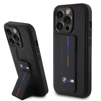 BMW M Collection PU Grip Stand Tricolor Line Zadní Kryt pro iPhone 15 Pro Max Black