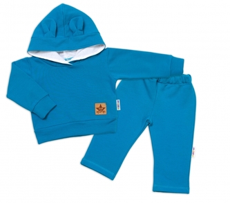 BABY NELLYS Dětská tepláková souprava s kapucí a oušky, petrolejová, vel. 92