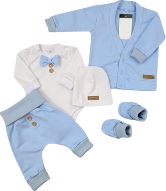 Bavlněná sada, body, kalhoty, motýlek a čepice Elegant Boy 5D, Kazum, modrá/bílá, vel. 74; 74 (6-9m)