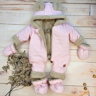 Zimní prošívaná kombinéza s kožíškem a kapucí + rukavičky + botičky, Z&Z - růžová, vel. 62; 62 (2-3m)