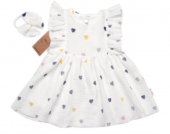 Mušelínové šatičky + čelenka 2-dílná sada Srdíčko, Baby Nellys, smetanové, vel. 92