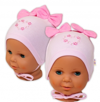 Bavlněná čepička na zavazování Baby Nellys s mašličkami - sv. růžová, 80/86; 80/86 (12-18m)