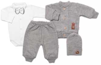 5-dílná pletená sada Baby Nellys, Boy, body, kalhoty, svetr, čepička, motýlek - šedá, 62
; 62 (2-3m)
