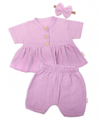 Baby Nellys 3-dílná mušelínová soupr, tunika/halenka, kraťasky, čelenka, lila, vel. 80; 80 (9-12m)