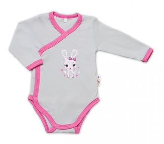 Baby Nellys Kojenecké body, dl. rukáv, zap. bokem Lovely Bunny - šedé/růžové