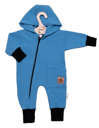 Teplákový overal s kapsičkou a kapucí BOY, Baby Nellys, modrý, vel. 68; 68 (3-6m)