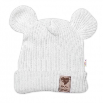 Pletená bavlněná čepice s oušky, dvouvrstvá, Hand Made Baby Nellys, bílá, vel. 80/86; 80/86 (12-18m)